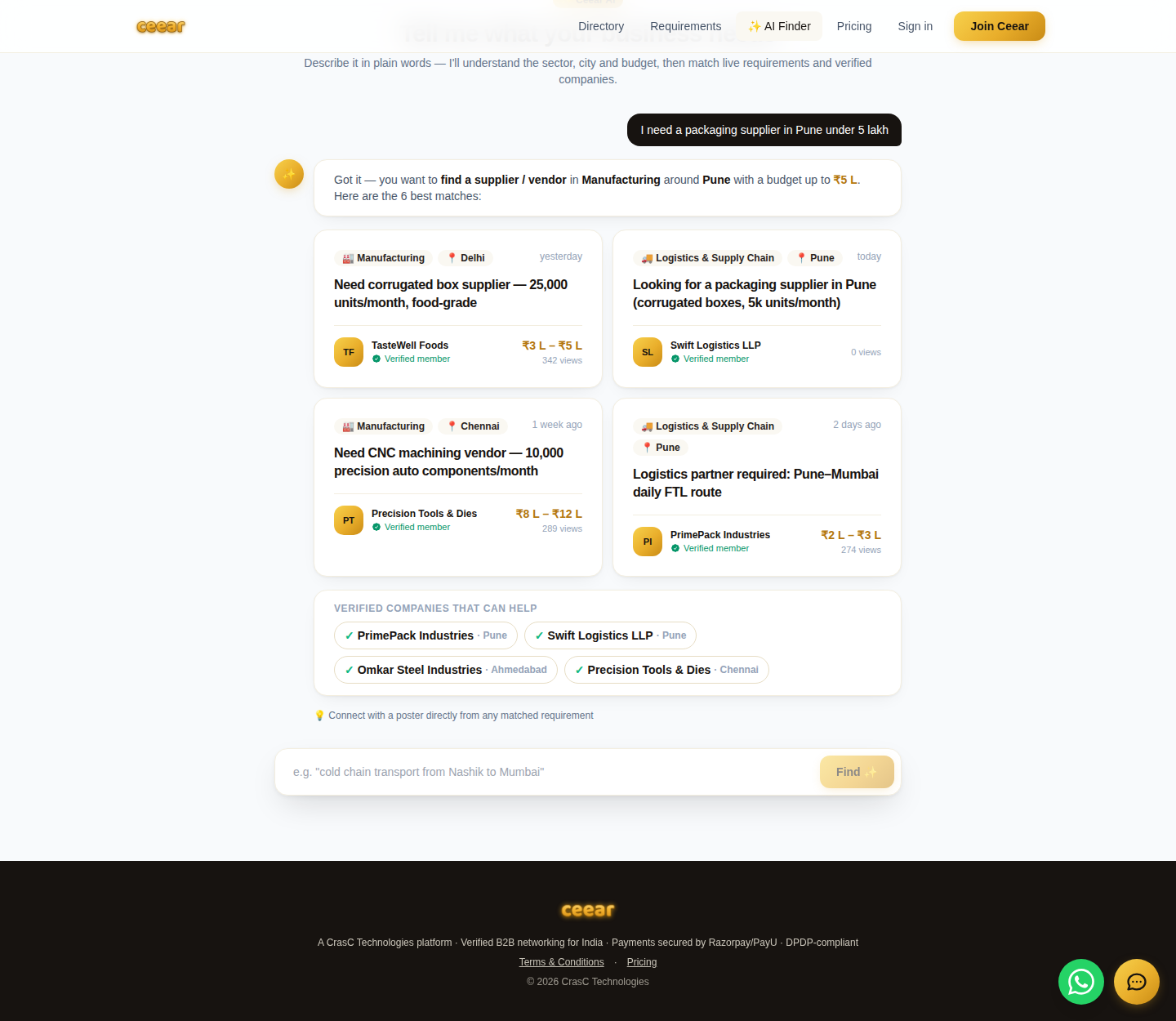 Ceear AI Finder matching a query to leads