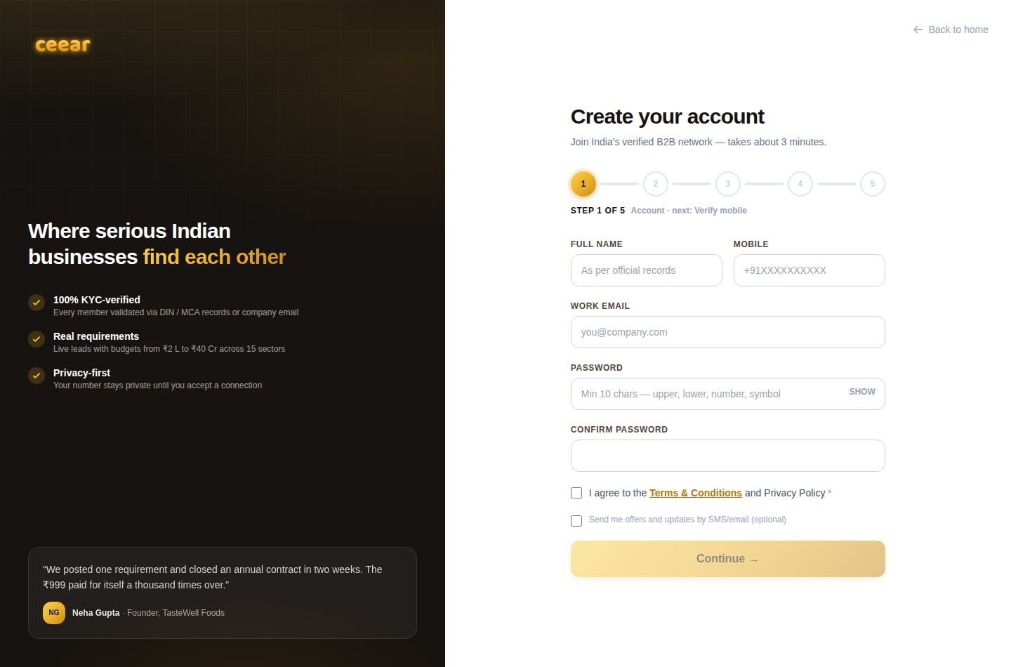 Ceear signup wizard with step indicator